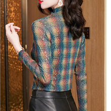 Load image into Gallery viewer, New High-Neck Green Plaid Bronzing Long-Sleeved Mesh Bottoming Shirt Fashion Casual Autumn Winter Women&#39;s T-Shirt