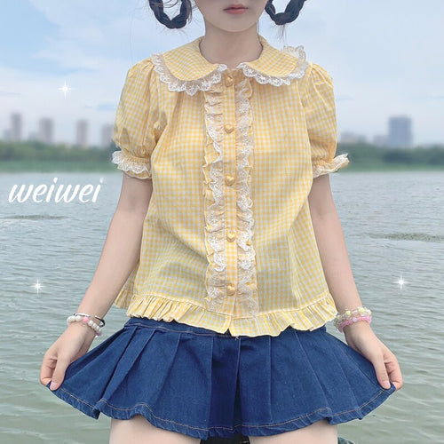 New Japanese Lolita Shirts Cute Girls Short Sleeve Retro Plaid Tops Woman Sweet Kawaii Peter Pan Collar Blouses Fresh Summer