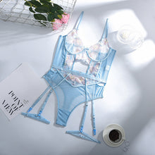 Load image into Gallery viewer, New Lace Floral Embroidery Lingerie Bodysuit Straps Women Sexy Mesh See-Through Bra with Garter Exotic Sensual Lingerie Bodysuit