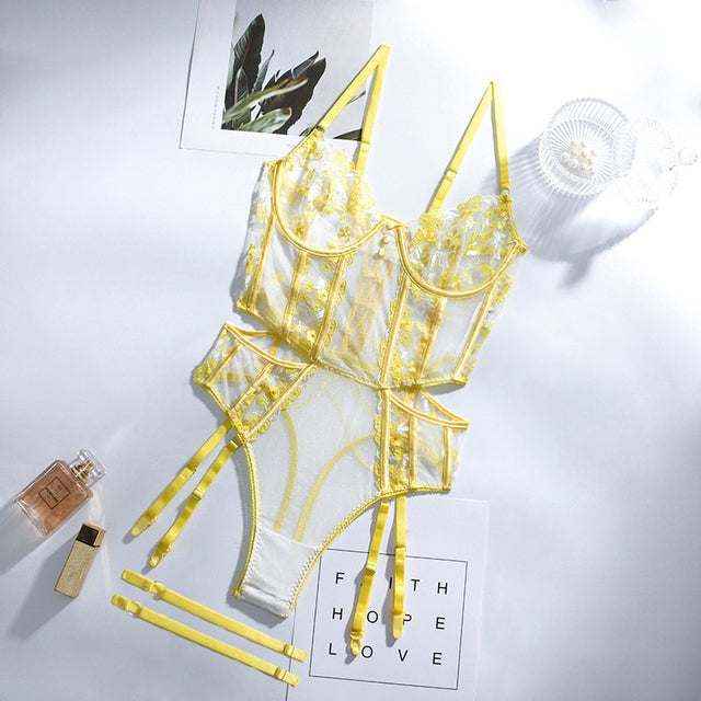 New Lace Floral Embroidery Lingerie Bodysuit Straps Women Sexy Mesh See-Through Bra with Garter Exotic Sensual Lingerie Bodysuit