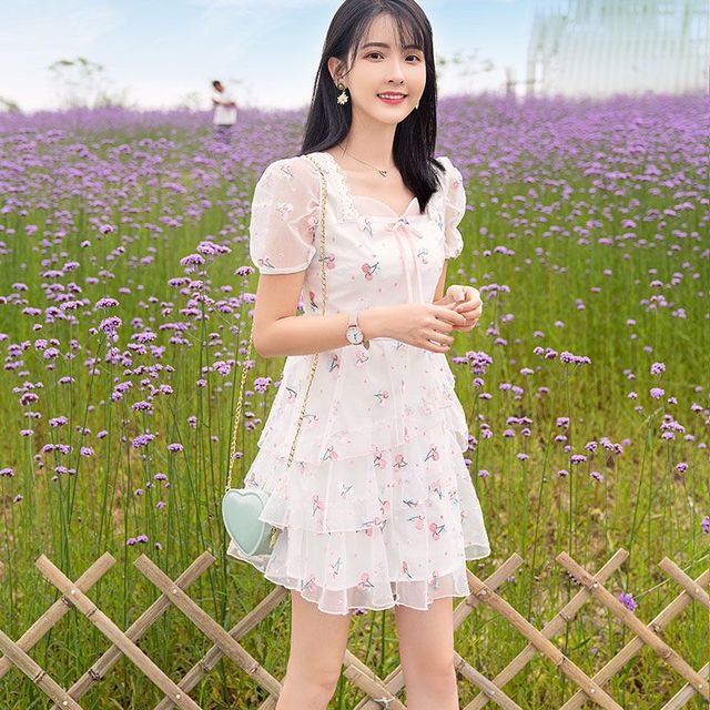 New Mesh Embroidery Sweet Fairy Dress Kawaii Princess Cake Skirt Summer Gentle Elegant Leisure Travel Shopping Mini Dress Women