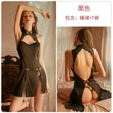 Load image into Gallery viewer, New Nightgowns Sexy Lingerie Side Split Strap Nightdress Women Sleepwear Hollow Solid Color Classic Dress Cheongsam Uniform