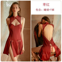 Load image into Gallery viewer, New Nightgowns Sexy Lingerie Side Split Strap Nightdress Women Sleepwear Hollow Solid Color Classic Dress Cheongsam Uniform