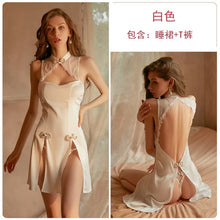 Load image into Gallery viewer, New Nightgowns Sexy Lingerie Side Split Strap Nightdress Women Sleepwear Hollow Solid Color Classic Dress Cheongsam Uniform