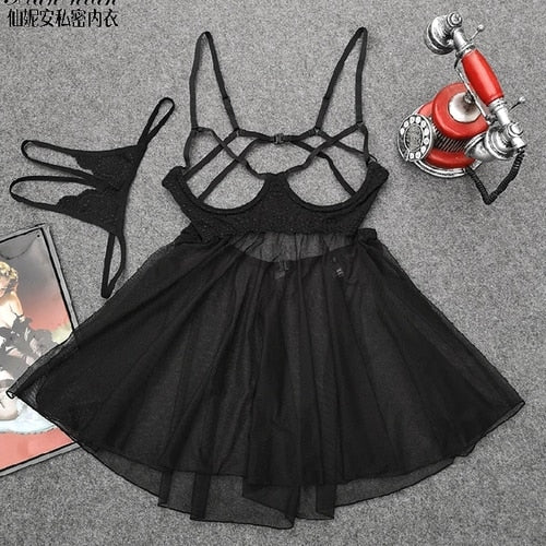 New Open Chest Sexy Babydoll Lingerie Dress Women Suspender Nightdress Lace Mesh Seductive Nightgown Sleepwear Night Dress