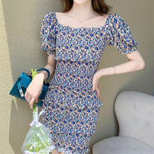 Load image into Gallery viewer, New Print Flowers Mini Dress Summer French Square Neck Puff Sleeve High Waist Many Ruffle Slim Elegant Vestidos Mujer Women Robe