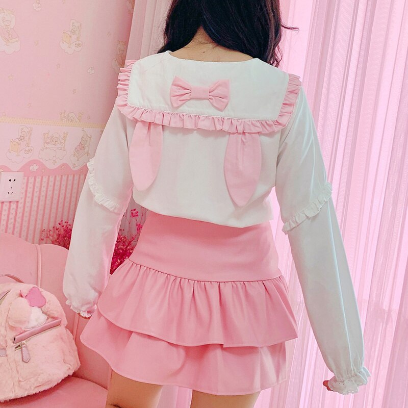 New Rabbit Ear Shirts Cute Japan Style for Women 2022 Kawaii Bow Tops Long Sleeve Single Breasted Sweet Fungus Blouses Spring