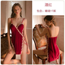 Load image into Gallery viewer, New Red Sexy Deep V Velvet Tie Pajamas Women&#39;S Split Nightgown With Chest Pad Suspenders Nightdress Homedress Suit Size M L