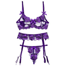 Load image into Gallery viewer, New Sexy Floral Embroidery Perspective Underwear with Garters Underwire Bra and Briefs Set Sensual Lingerie Exotic 3 Pieces Set