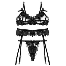 Load image into Gallery viewer, New Sexy Floral Embroidery Perspective Underwear with Garters Underwire Bra and Briefs Set Sensual Lingerie Exotic 3 Pieces Set