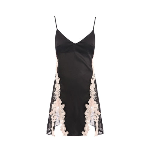 New Sexy Lace Split Strap Beauty Back Nightdress Women Silky Simulation Silk Nightgown Sleepwear Lingeire V Neck Night Gown