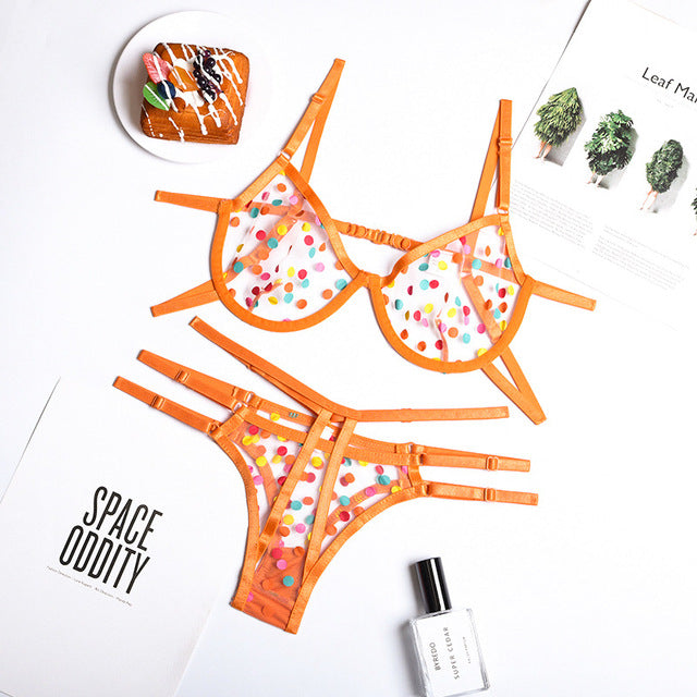 New Sexy Lingerie Patchwork Underwear Erotic Perspective Bra and Brief Sets Dot Print Lace Bra Sensual Lingerie Underwear Set