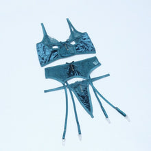 Load image into Gallery viewer, New Sexy Lingerie Womens Hollow Out Bra and Panty Set See Through Lace and Velvet Nightwear Green Transparent Erotic Costume