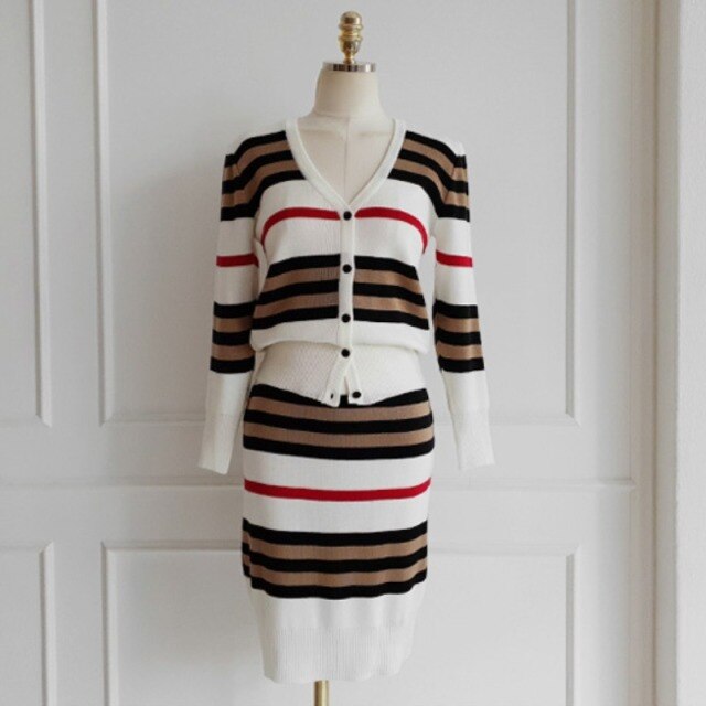 New Spring 2 Piece Suits Ladies Knitting Striped Korea Long Sleeve V Neck Tops and Mini Skirt Sexy Sets for Women Clothing