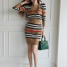 Load image into Gallery viewer, New Spring 2 Piece Suits Ladies Knitting Striped Korea Long Sleeve V Neck Tops and Mini Skirt Sexy Sets for Women Clothing