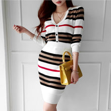 Load image into Gallery viewer, New Spring 2 Piece Suits Ladies Knitting Striped Korea Long Sleeve V Neck Tops and Mini Skirt Sexy Sets for Women Clothing