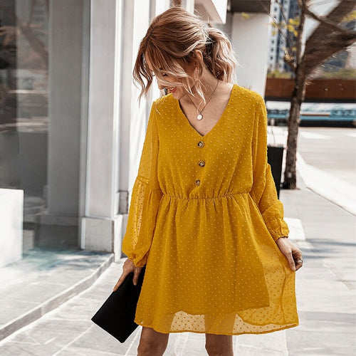 New Spring Fashion A-Line Short Dresses Women Casual V Neck Lantern Sleeve Elastic Waist Dress Female Vintage Solid Color Dress