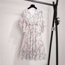Load image into Gallery viewer, New Spring Summer Chiffon Dress Women V-Neck Ruffle Sleeve Floral Print Dresses Sweet Slim Elastic Waist Mid-length Ladies Dress