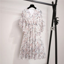Load image into Gallery viewer, New Spring Summer Chiffon Dress Women V-Neck Ruffle Sleeve Floral Print Dresses Sweet Slim Elastic Waist Mid-length Ladies Dress