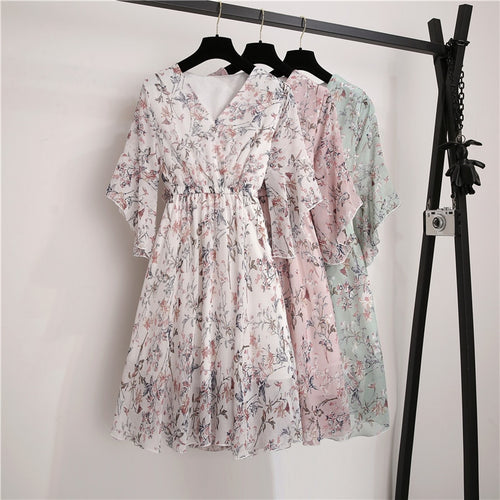 New Spring Summer Chiffon Dress Women V-Neck Ruffle Sleeve Floral Print Dresses Sweet Slim Elastic Waist Mid-length Ladies Dress