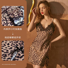 Load image into Gallery viewer, New Spring Women&#39;s Sexy Lingerie Nightdress Deep V Neck Lace Leopard Split Strap Nightgown Thong Set Home Skirt Set Sleepwear