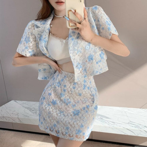 New Summer Korean Sweet Jacquard 2 Piece Set Women Crop Top Short Sleeve Shirt Blouse + Sheath Bodycon Skirts Sets Casual Suits