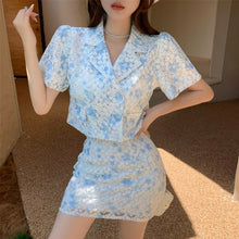 Load image into Gallery viewer, New Summer Korean Sweet Jacquard 2 Piece Set Women Crop Top Short Sleeve Shirt Blouse + Sheath Bodycon Skirts Sets Casual Suits