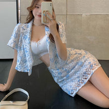 Load image into Gallery viewer, New Summer Korean Sweet Jacquard 2 Piece Set Women Crop Top Short Sleeve Shirt Blouse + Sheath Bodycon Skirts Sets Casual Suits