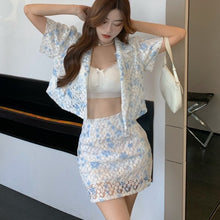 Load image into Gallery viewer, New Summer Korean Sweet Jacquard 2 Piece Set Women Crop Top Short Sleeve Shirt Blouse + Sheath Bodycon Skirts Sets Casual Suits