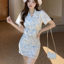 Load image into Gallery viewer, New Summer Korean Sweet Jacquard 2 Piece Set Women Crop Top Short Sleeve Shirt Blouse + Sheath Bodycon Skirts Sets Casual Suits