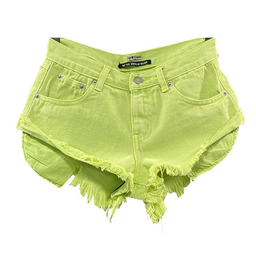 New Summer Women Fruit Green Denim Shorts Sexy Low-rise A-line Tassel Short Hot Pants Ladies Fashion Personality Pocket Pink