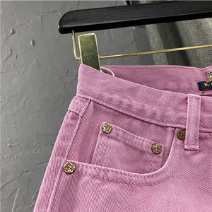 New Summer Women Fruit Green Denim Shorts Sexy Low-rise A-line Tassel Short Hot Pants Ladies Fashion Personality Pocket Pink
