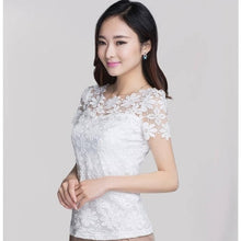 Load image into Gallery viewer, New Summer Women Short Sleeve Shirts Lace Tee Tops Women Clothing Women Lace Blouse Sexy Floral Sheer Blouses