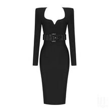 Load image into Gallery viewer, New Winter Black Elegant Bandage Midi Dress Women Long Sleeve Heart Collar Leather Sashes Wedding Club Cocktail Party Lady Dress