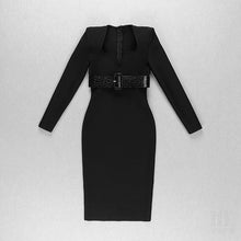 Load image into Gallery viewer, New Winter Black Elegant Bandage Midi Dress Women Long Sleeve Heart Collar Leather Sashes Wedding Club Cocktail Party Lady Dress