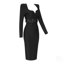 Load image into Gallery viewer, New Winter Black Elegant Bandage Midi Dress Women Long Sleeve Heart Collar Leather Sashes Wedding Club Cocktail Party Lady Dress