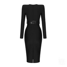 Load image into Gallery viewer, New Winter Black Elegant Bandage Midi Dress Women Long Sleeve Heart Collar Leather Sashes Wedding Club Cocktail Party Lady Dress