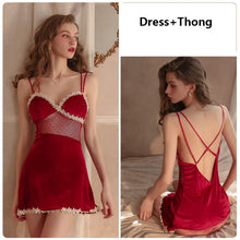 Load image into Gallery viewer, New Winter Velvet Sling Nightdress Ice Silk Sleepwear Lace Deep V Side Split Dress Back Cross Nightgown Silk Robes for Women