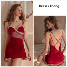 Load image into Gallery viewer, New Winter Velvet Sling Nightdress Ice Silk Sleepwear Lace Deep V Side Split Dress Back Cross Nightgown Silk Robes for Women