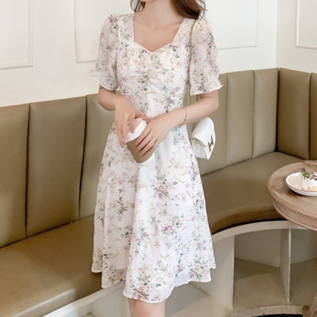 New Women Fashion Short Sleeve Beading Square Collar Slim Floral Dress Summer Ladies Casual Sweet Embroidered Chiffon Fairy Robe