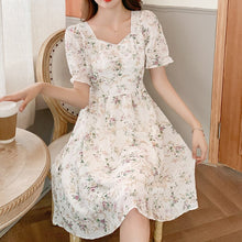 Load image into Gallery viewer, New Women Fashion Short Sleeve Beading Square Collar Slim Floral Dress Summer Ladies Casual Sweet Embroidered Chiffon Fairy Robe