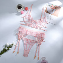 Load image into Gallery viewer, New Women Lingerie Pink Bra and Panty Sensual Lace Mesh Underwear Langerie Floral Embroidery Transparent 3pcs Patchwork Costume