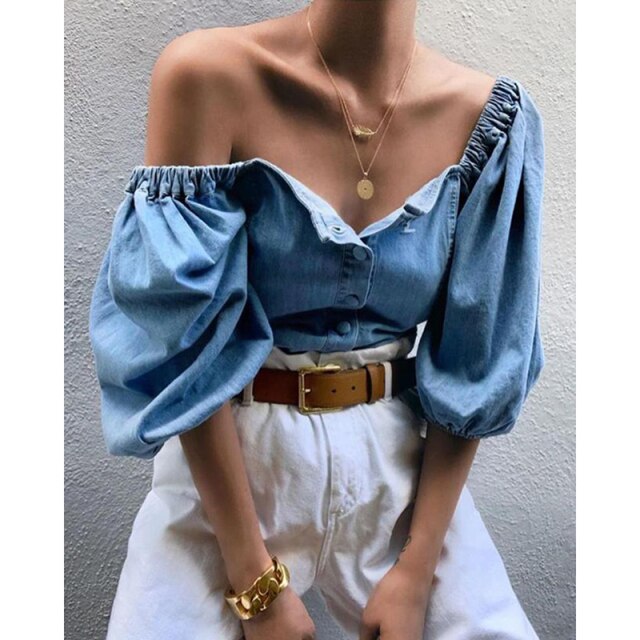 New Women Retro Off Shoulder Denim T-shirts Lantern Sleeve Solid Ladies Elastic Slash Neck Pullover All-Matching Women Tops