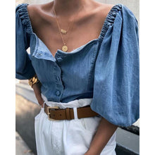 Load image into Gallery viewer, New Women Retro Off Shoulder Denim T-shirts Lantern Sleeve Solid Ladies Elastic Slash Neck Pullover All-Matching Women Tops