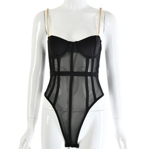 New Women Rompers Solid Chain Cotton Fashion Spaghetti Strap Bodysuit Sexy 2021 Summer Ladies Mesh Bodycon