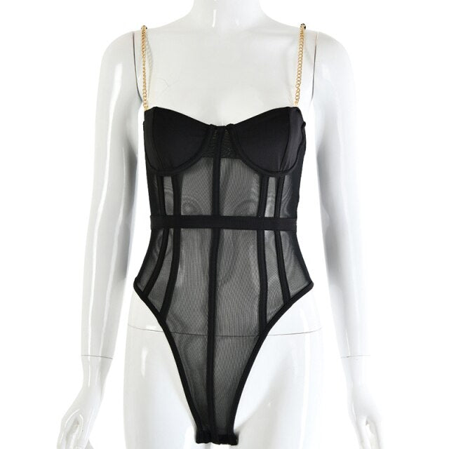 New Women Rompers Solid Chain Cotton Fashion Spaghetti Strap Bodysuit Sexy 2021 Summer Ladies Mesh Bodycon