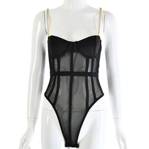 New Women Rompers Solid Chain Cotton Fashion Spaghetti Strap Bodysuit Sexy 2021 Summer Ladies Mesh Bodycon
