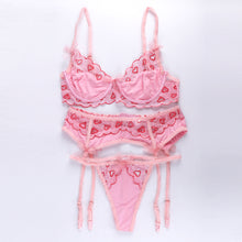 Load image into Gallery viewer, New Women Sexy Heart-Shaped Embroidery Underwear See-Through Erotic Hollow Out Bra and Briefs Set Sensual Lingerie 3 Pieces Set