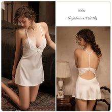 Load image into Gallery viewer, New Women Sexy Lace Nightwear Set Thin Silk Sling Sleepwear V-neck Cross Trim Nightdress And Panty Satin Soft Homewear