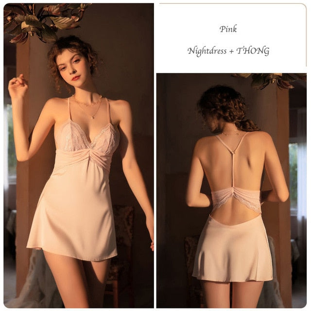 New Women Sexy Lace Nightwear Set Thin Silk Sling Sleepwear V-neck Cross Trim Nightdress And Panty Satin Soft Homewear
